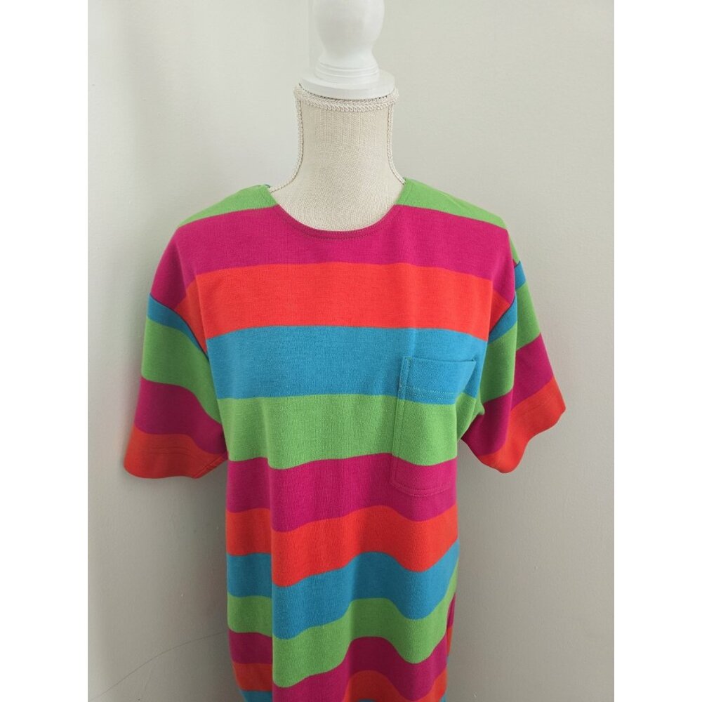 Sharon Young Rainbow Vintage Retro Striped Short Sleeves Maxi Midi Dress L Large - Picture 2 of 13